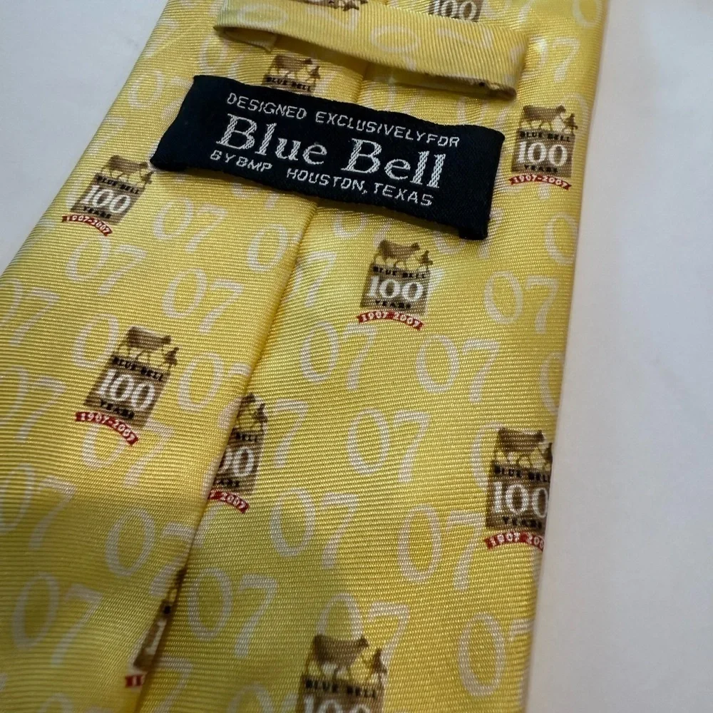 Rare Blue Bell Tie 100 Years Gold Yellow Ice Cream Rare 100% Silk